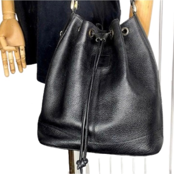 BURBERRYS Large Black Leather Bucket Drawstring Bag Nova Check Lining Authentic - Picture 17 of 17